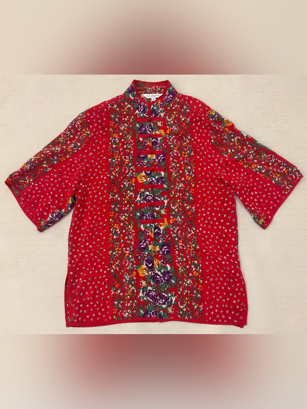 La Fleur 100% Silk Mandarin Collar Asian Inspired Floral Blouse Red Size M